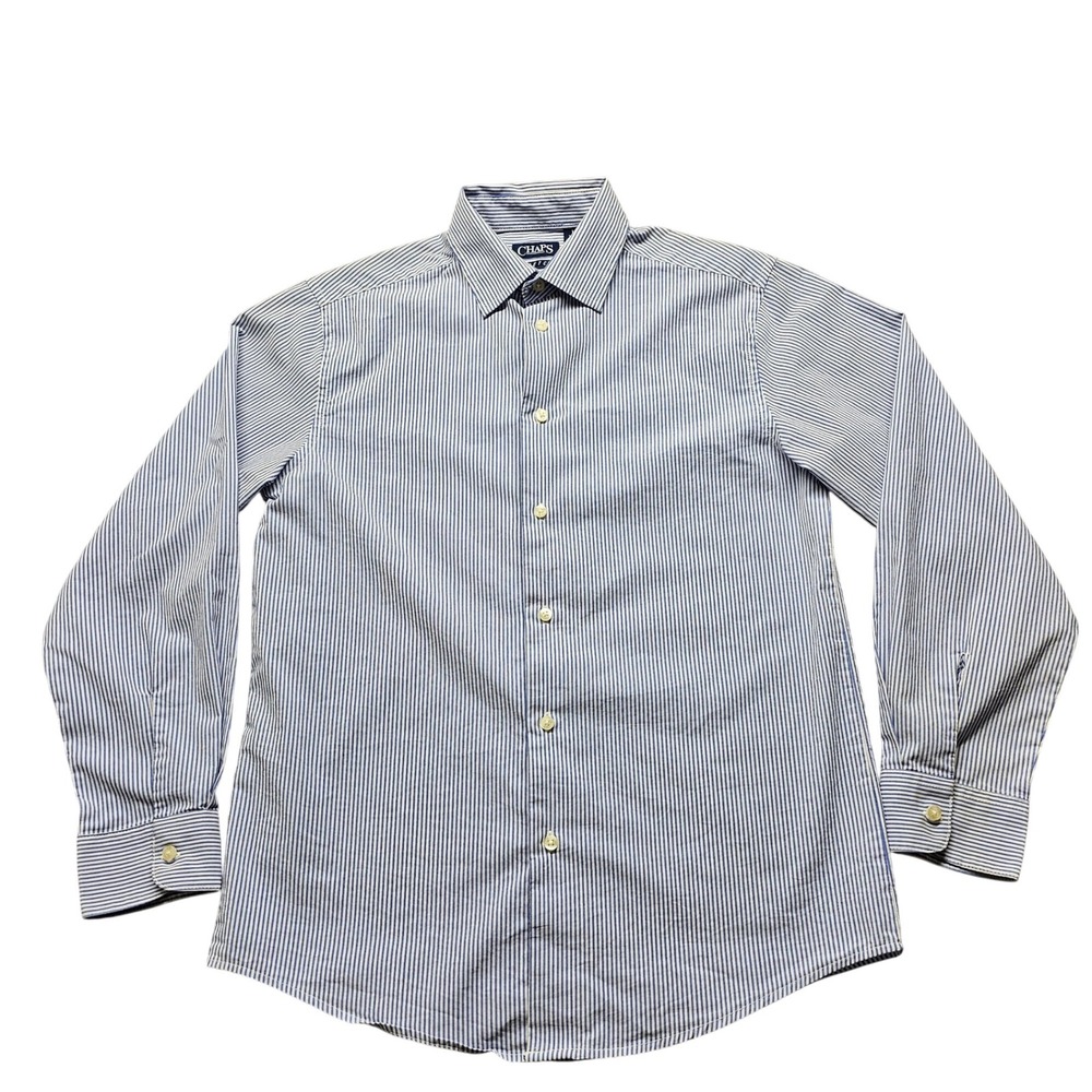 Chaps Boys Large 14-16 Blue White‎ Striped Stretch Long Sleeve Button Down Shirt